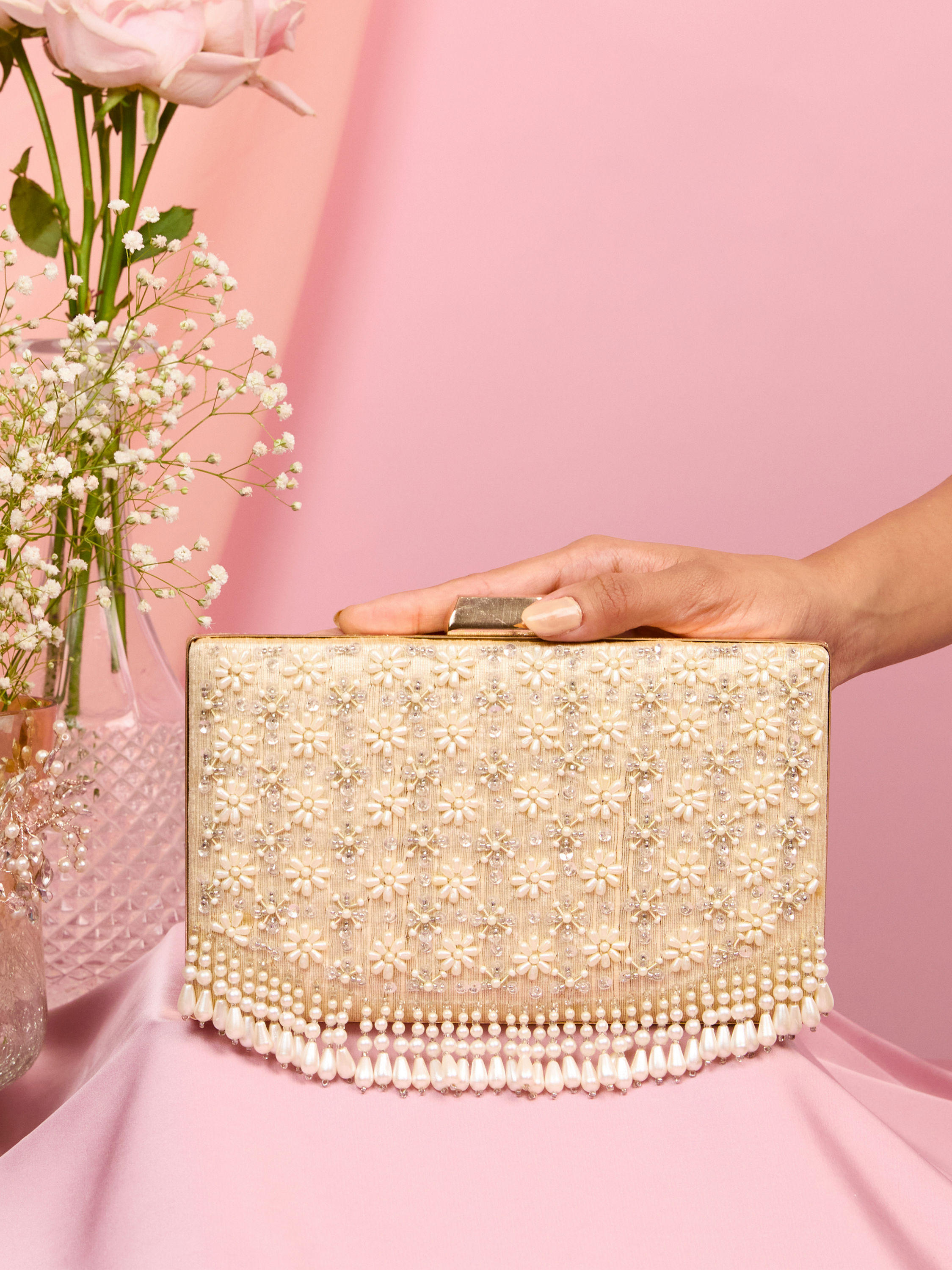 Mohey Women Dark Cream Pearl Embellished Clutch Bag with Bead Work