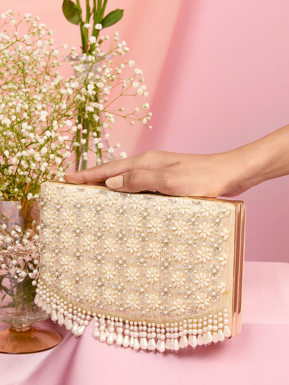Mohey Women Dark Cream Pearl Embellished Clutch Bag with Bead Work
