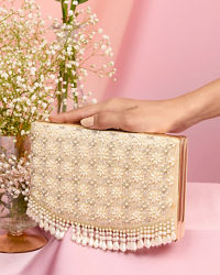 Mohey Women Dark Cream Pearl Embellished Clutch Bag with Bead Work