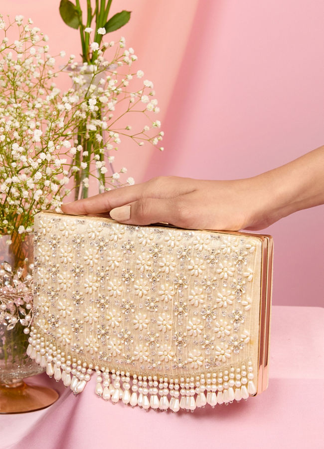 Mohey Women Dark Cream Pearl Embellished Clutch Bag with Bead Work