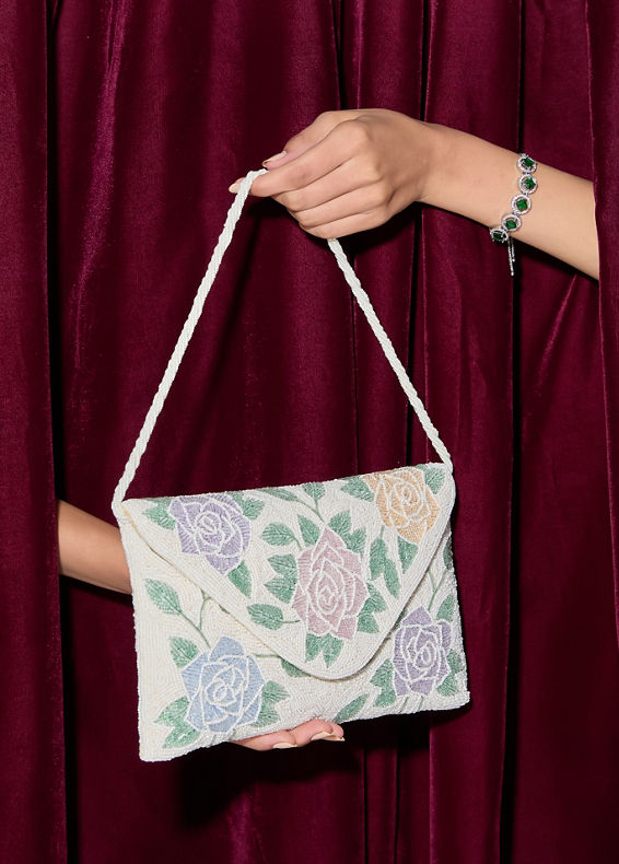 Mohey Women Cream Art Silk Envelope Bag