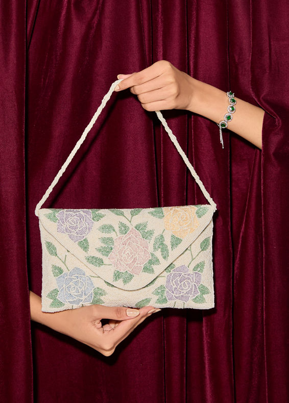 Mohey Women Cream Art Silk Envelope Bag