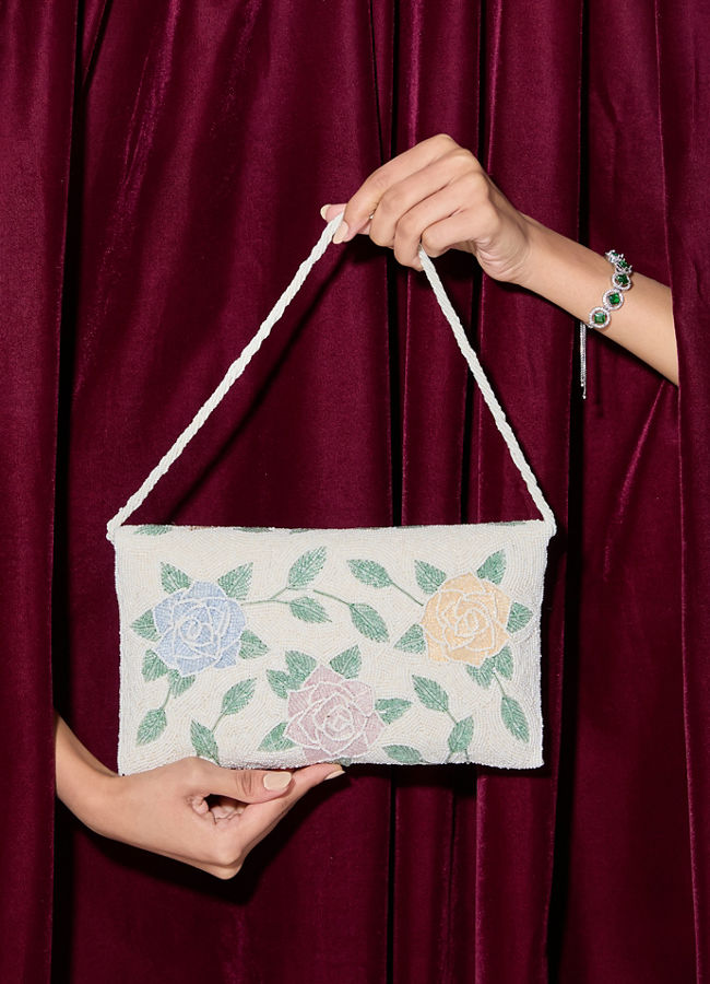 Mohey Women Cream Art Silk Envelope Bag