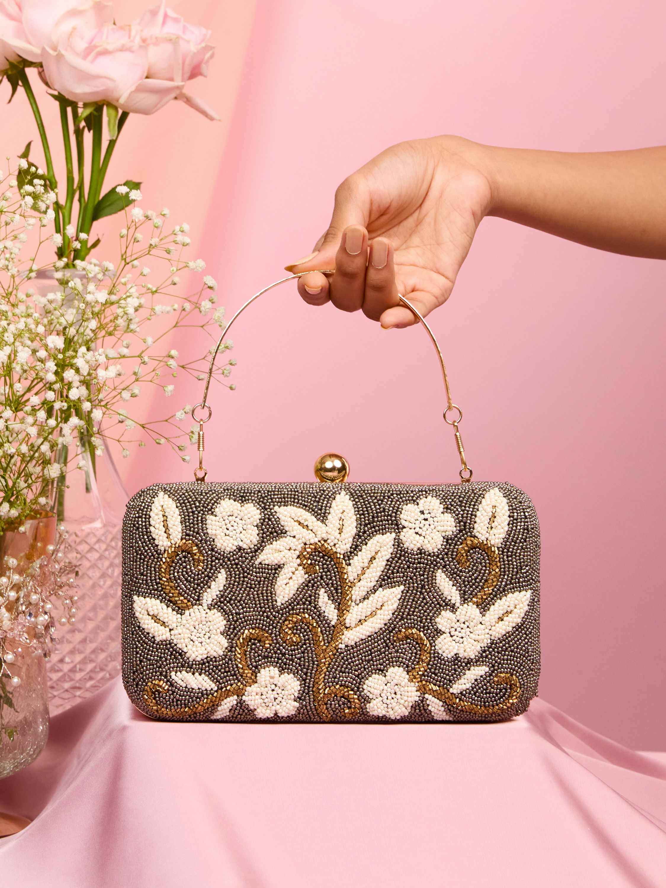 Mohey Women Elegant Black Silk Clutch Bag