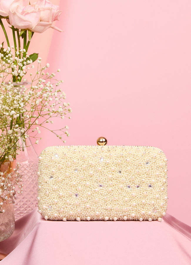 Mohey Women Lustrous Cream Finery Clutch Bag