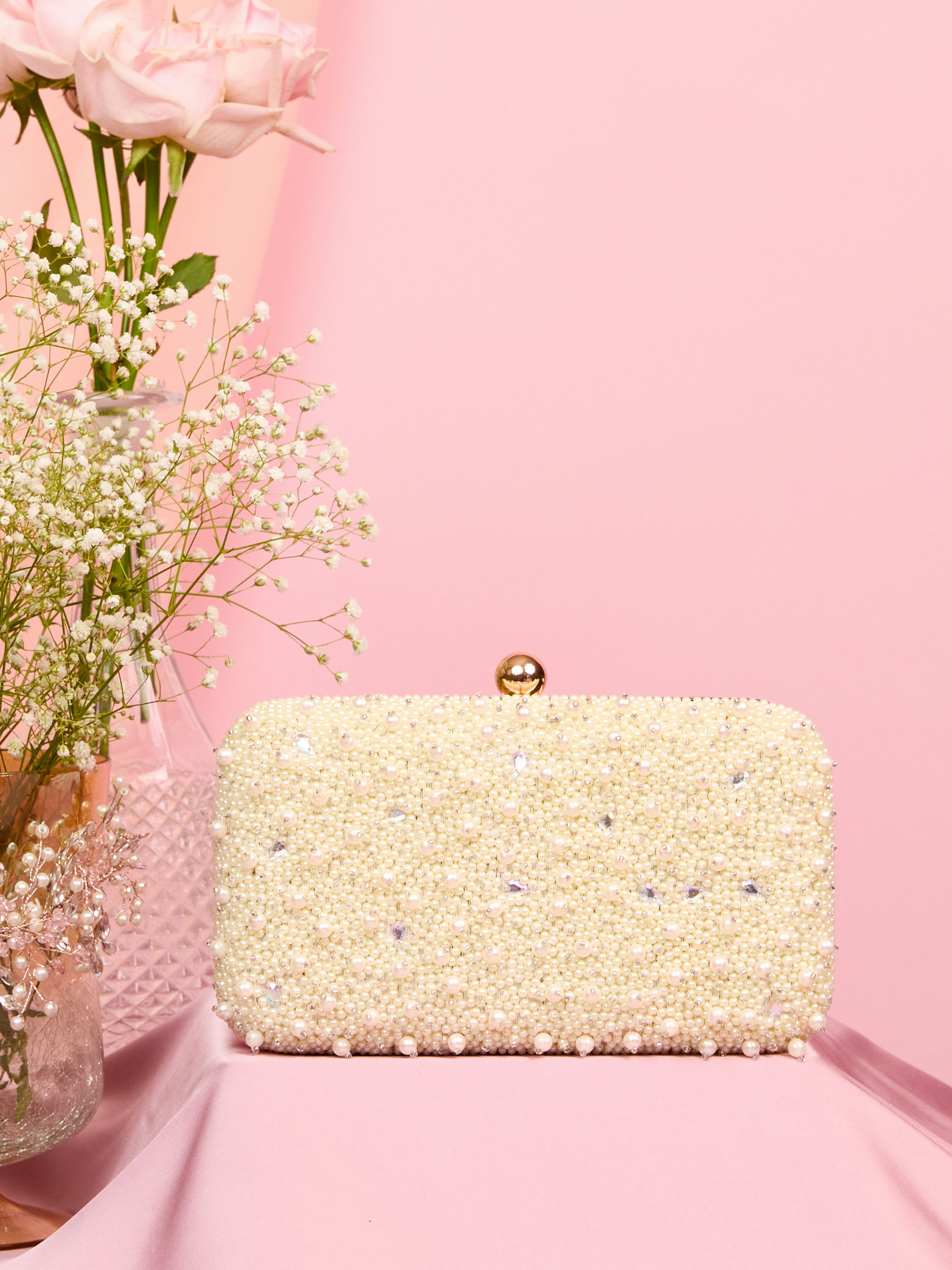 Mohey Women Lustrous Cream Finery Clutch Bag