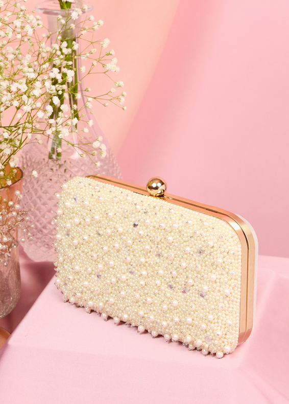 Mohey Women Lustrous Cream Finery Clutch Bag