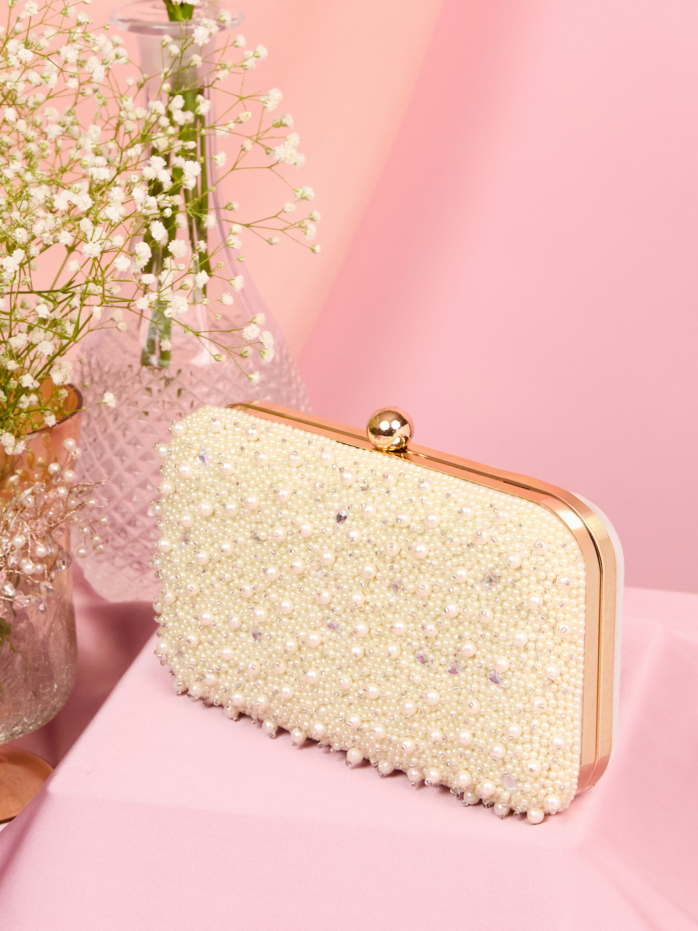 Mohey Women Lustrous Cream Finery Clutch Bag