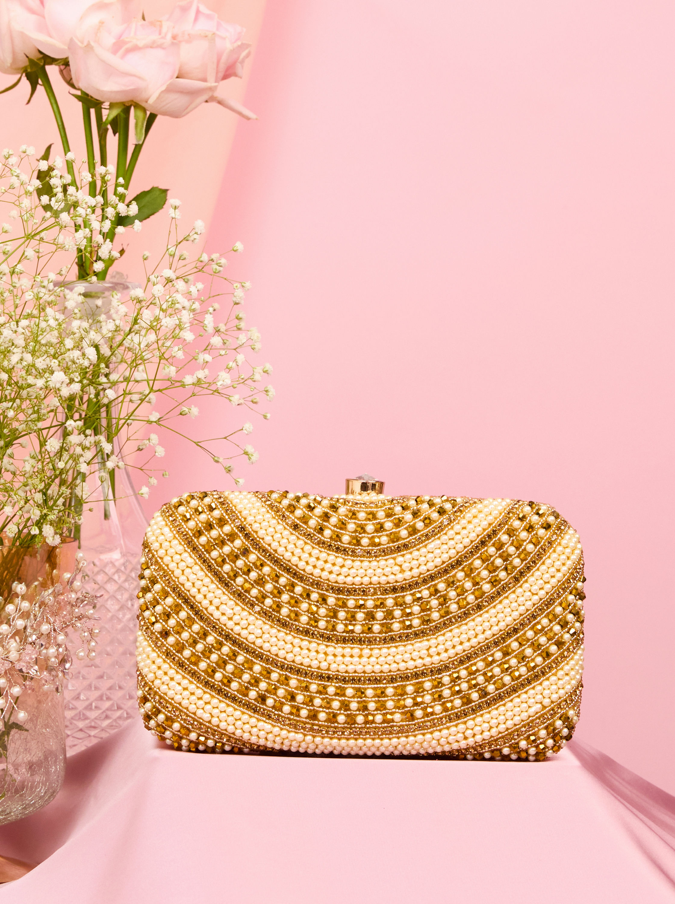Mohey Women Cream Art Silk Clutch Bag