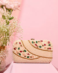 Mohey Women Cream Art Silk Essential Clutch Bag