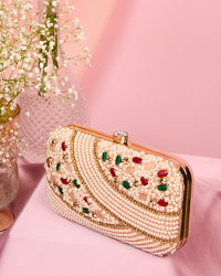 Mohey Women Cream Art Silk Essential Clutch Bag