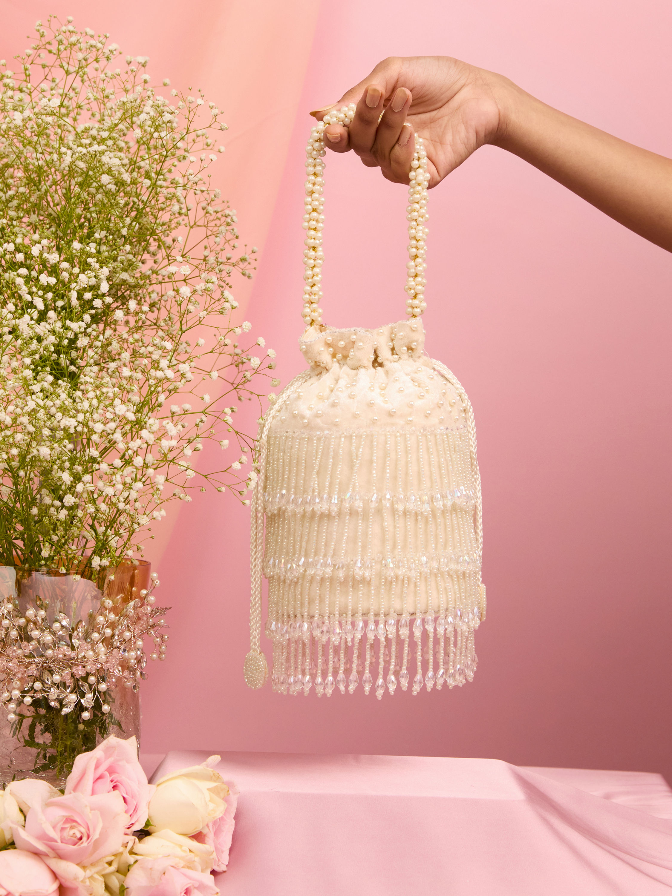 Mohey Women Elegant Cream Velvet Potli Bag