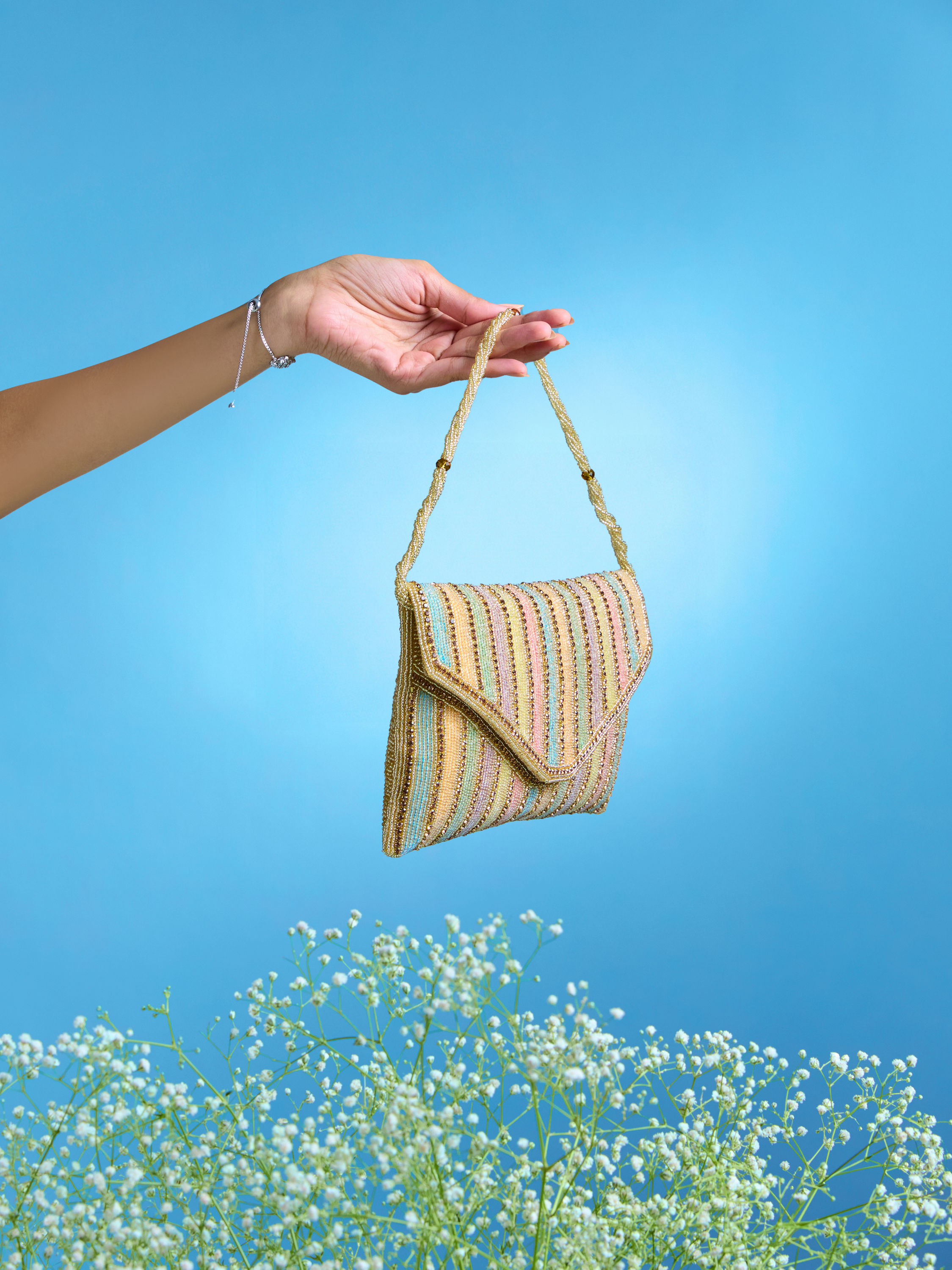 Mohey Women Beige Art Silk Festive Envelope Bag