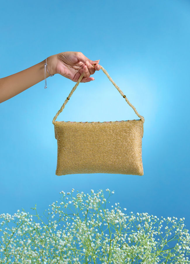 Mohey Women Beige Art Silk Festive Envelope Bag
