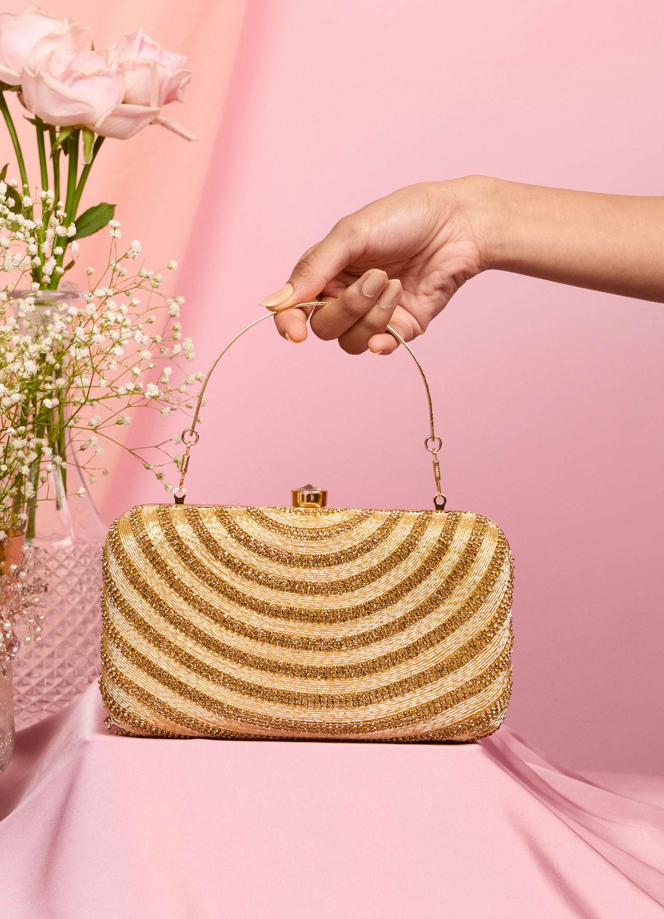 Mohey Women Elegant Beige Art Silk Clutch Bag