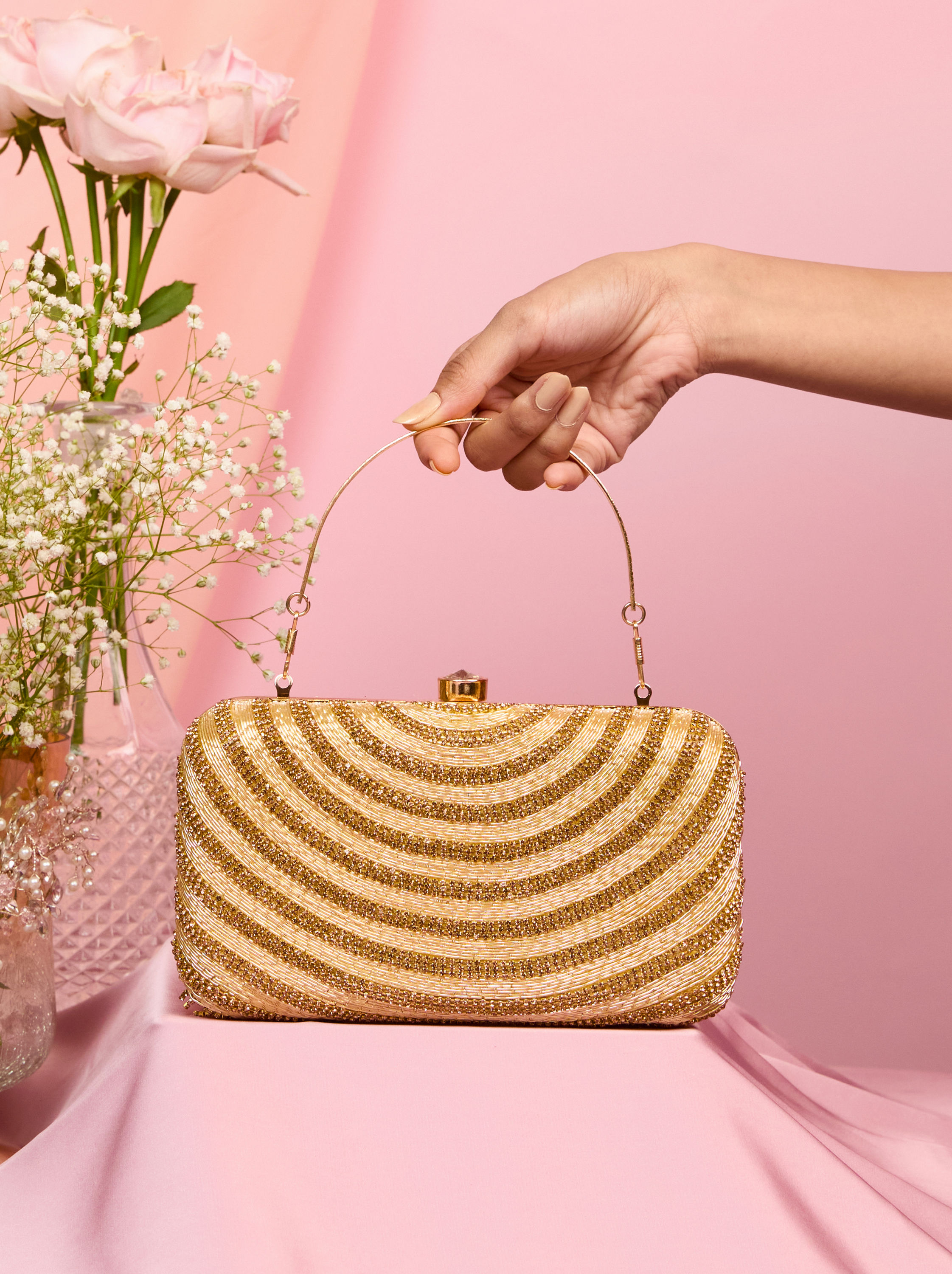 Mohey Women Elegant Beige Art Silk Clutch Bag