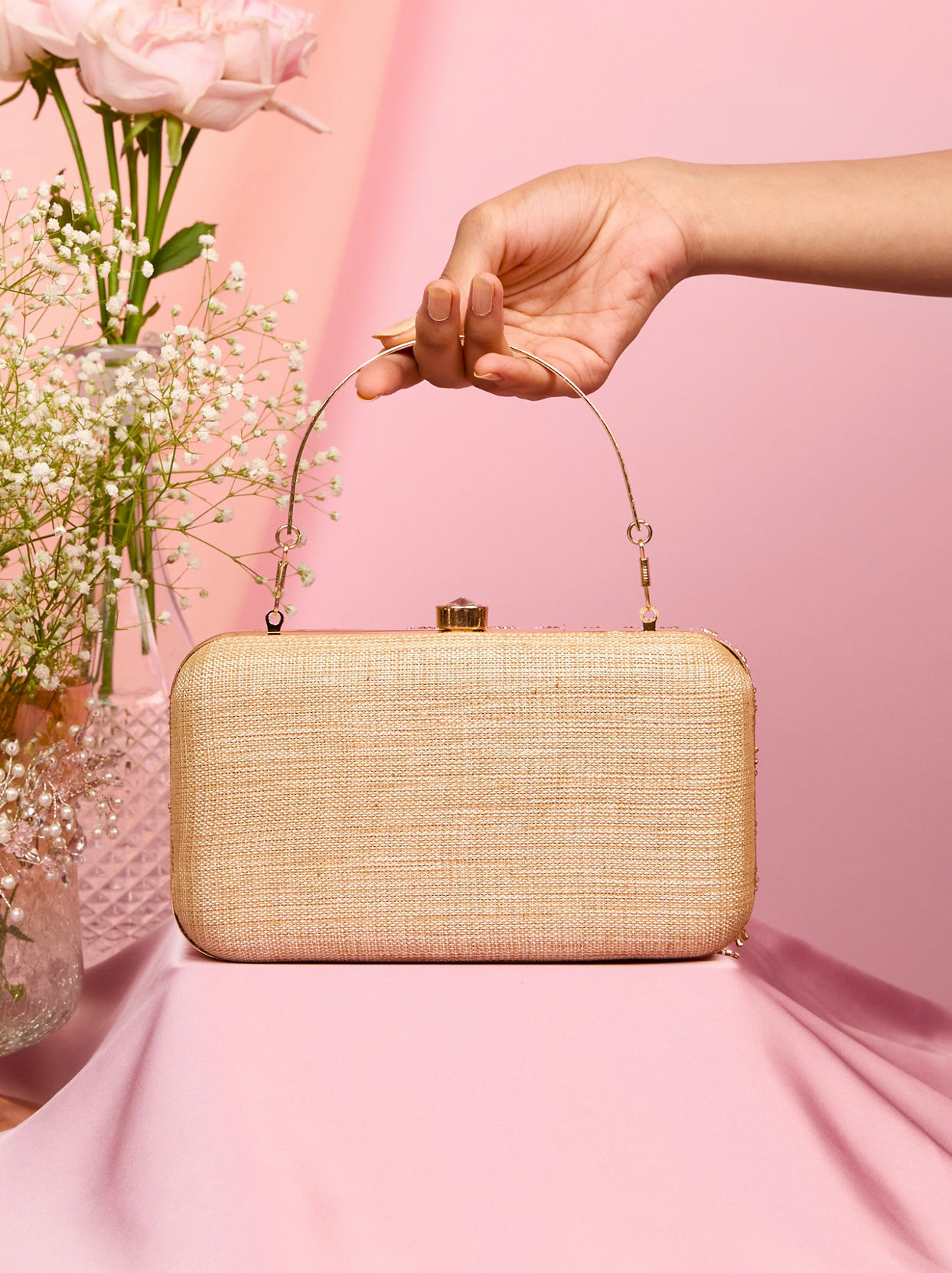 Mohey Women Elegant Beige Art Silk Clutch Bag