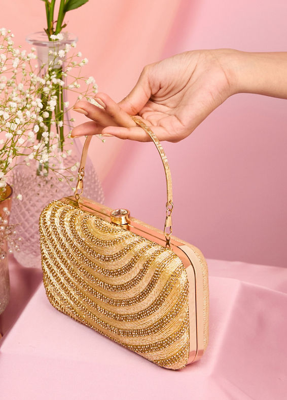 Mohey Women Elegant Beige Art Silk Clutch Bag