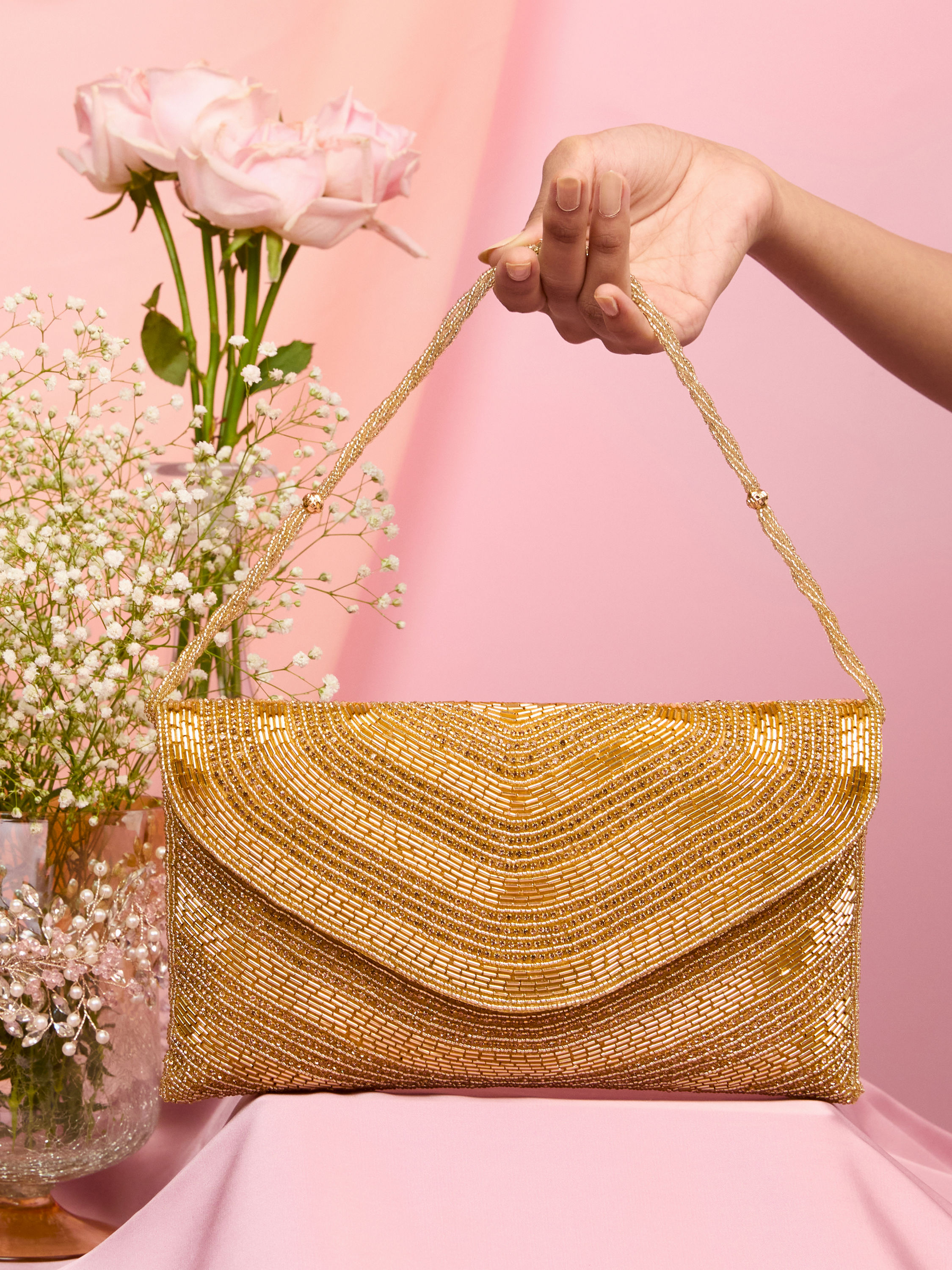 Mohey Women Golden Affluence Envelop Bag
