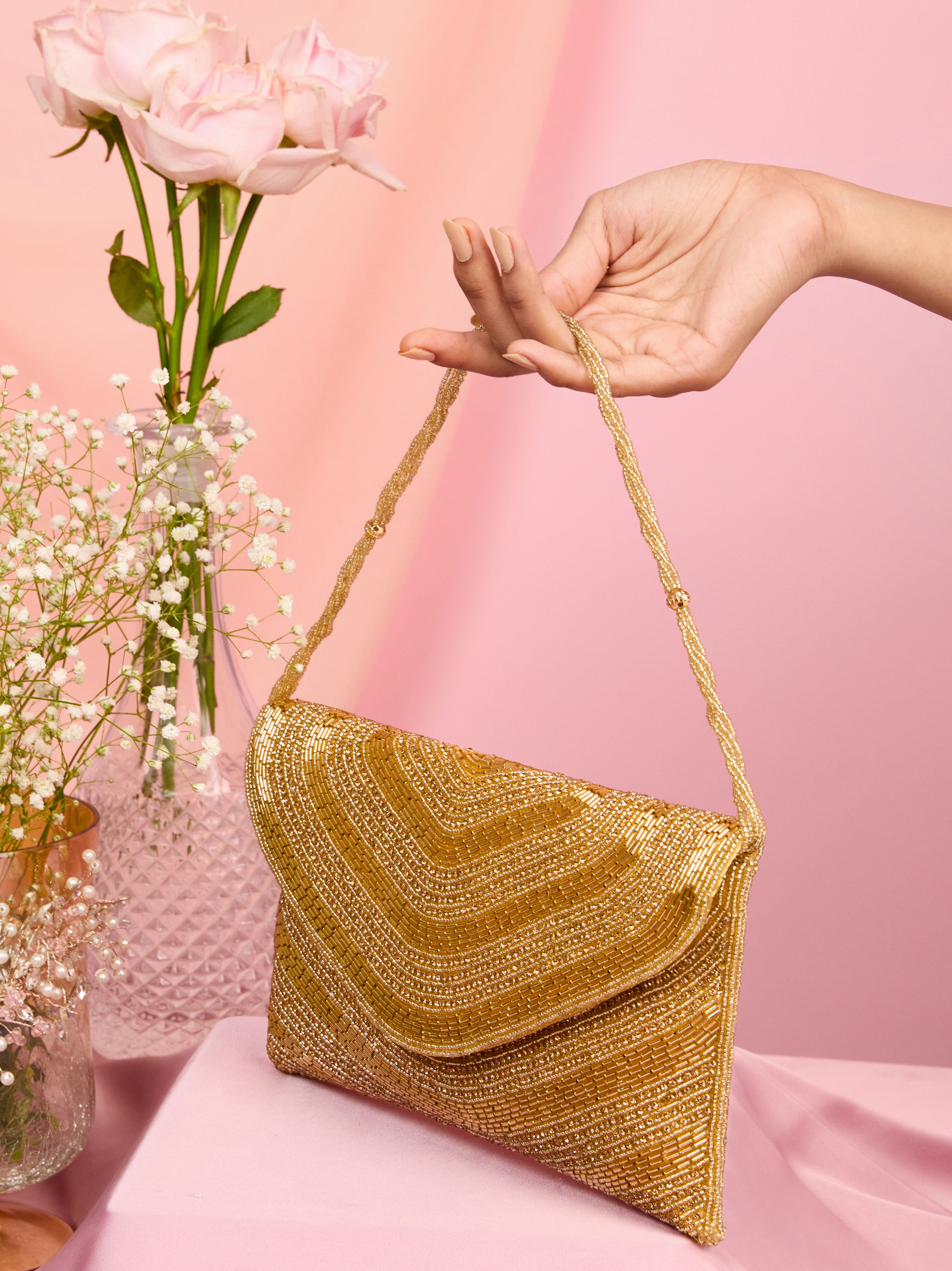 Mohey Women Golden Affluence Envelop Bag