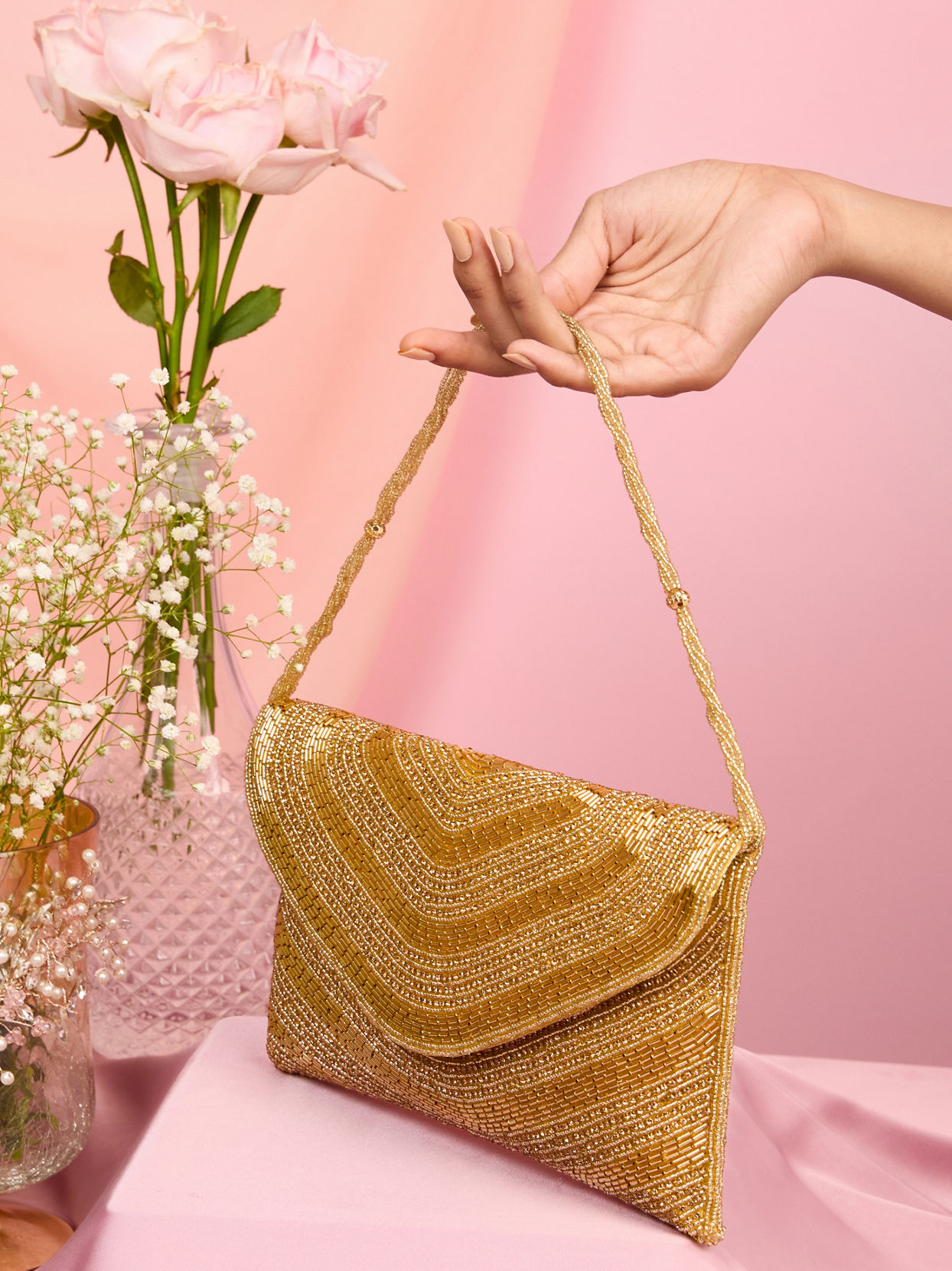 Mohey Women Golden Affluence Envelop Bag