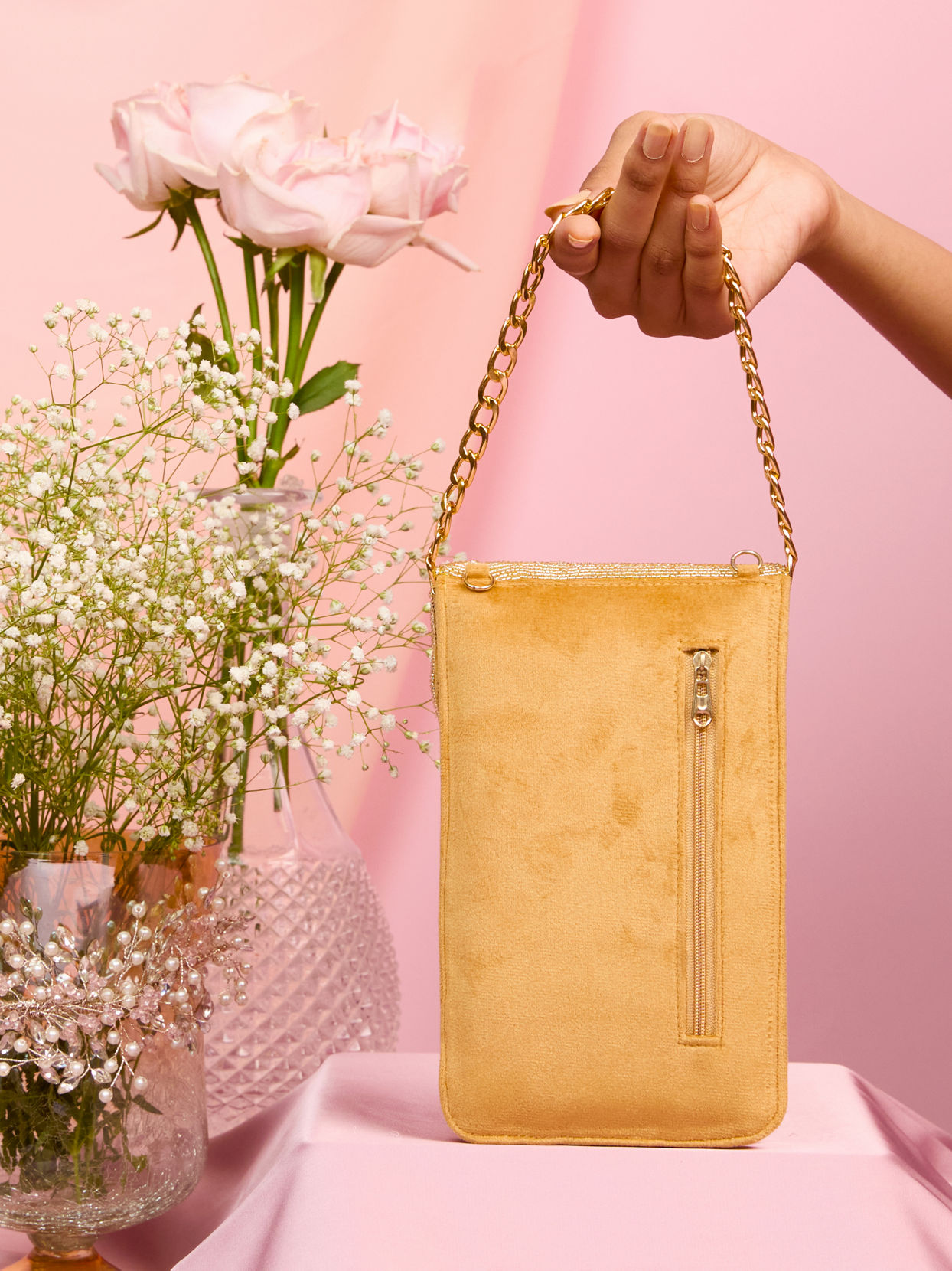 Mohey Women Velvety Beige Clutch Bag