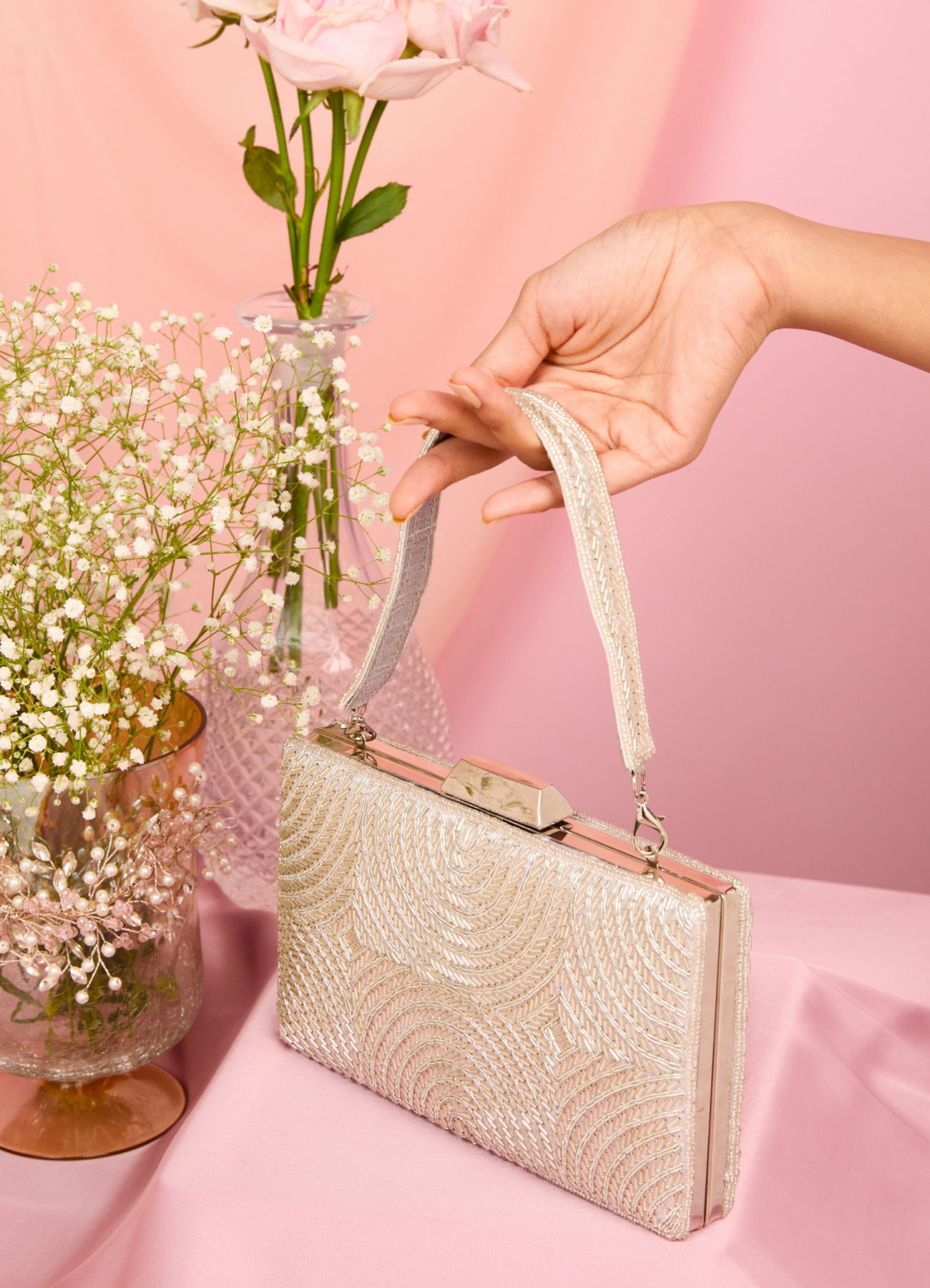 Mohey Women Grey Elegant Silk Clutch Bag