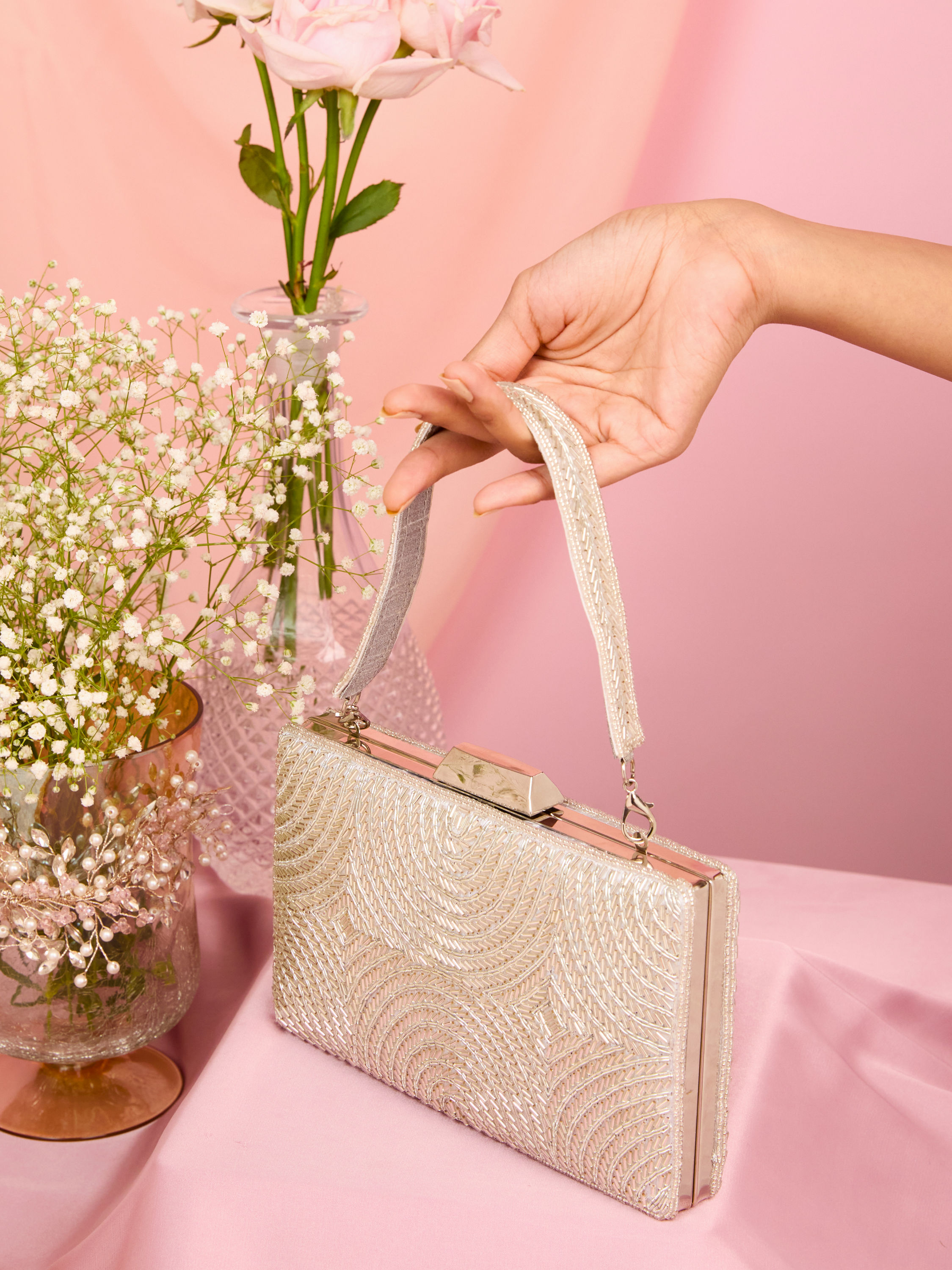 Mohey Women Grey Elegant Silk Clutch Bag