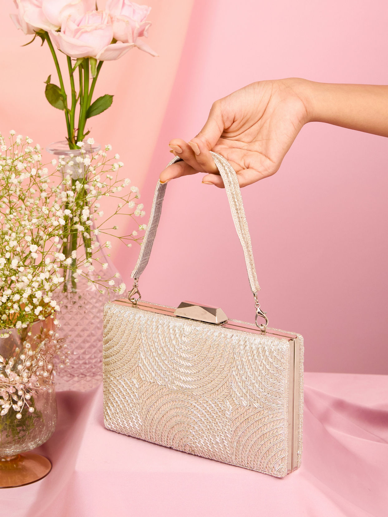Mohey Women Grey Elegant Silk Clutch Bag