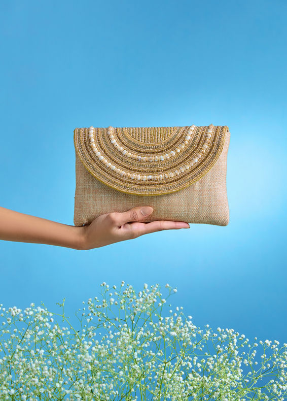 Mohey Women Beige Jute Celebration Bag