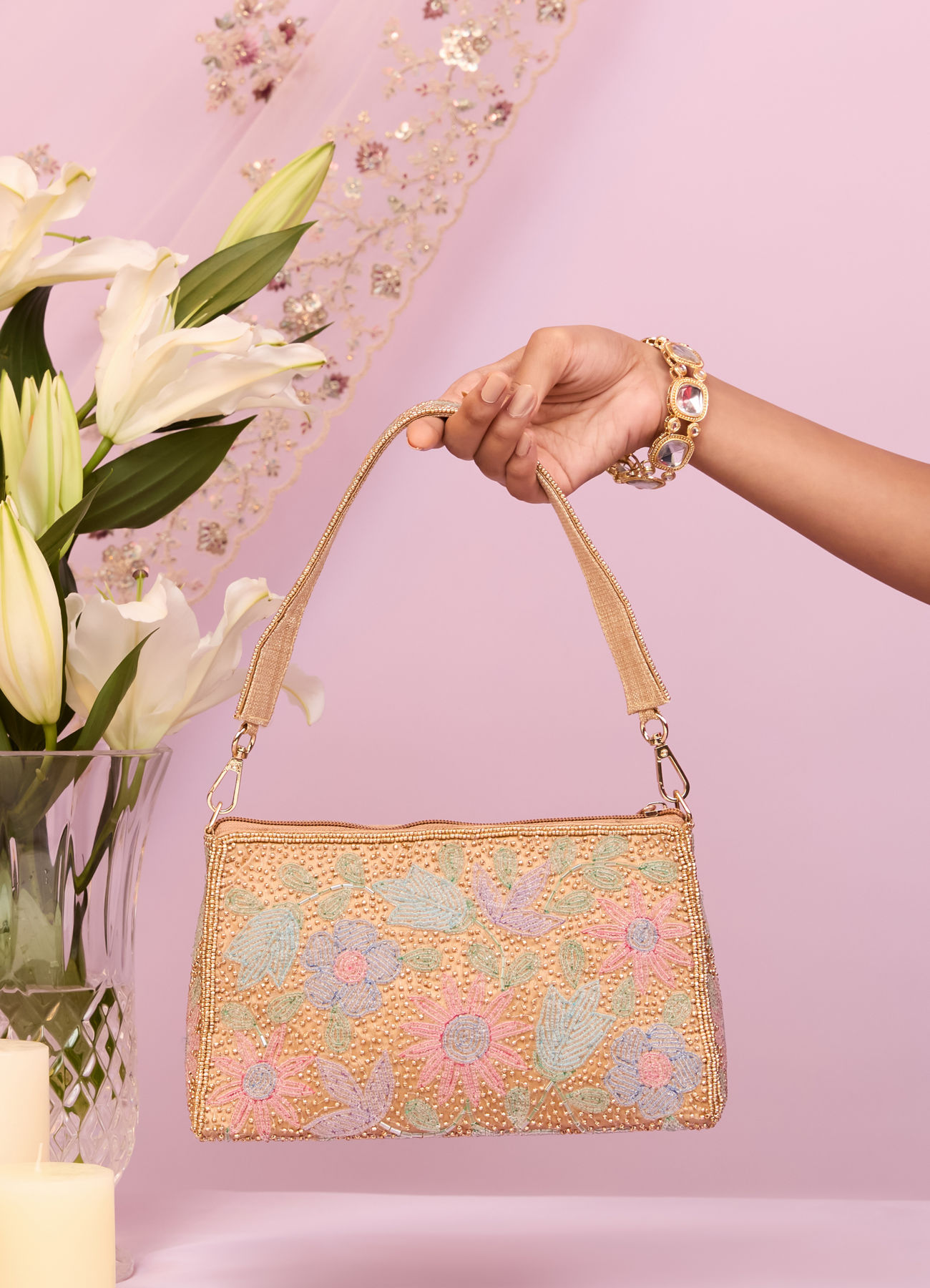 Mohey Women Beige Art Silk Top Handle Bag