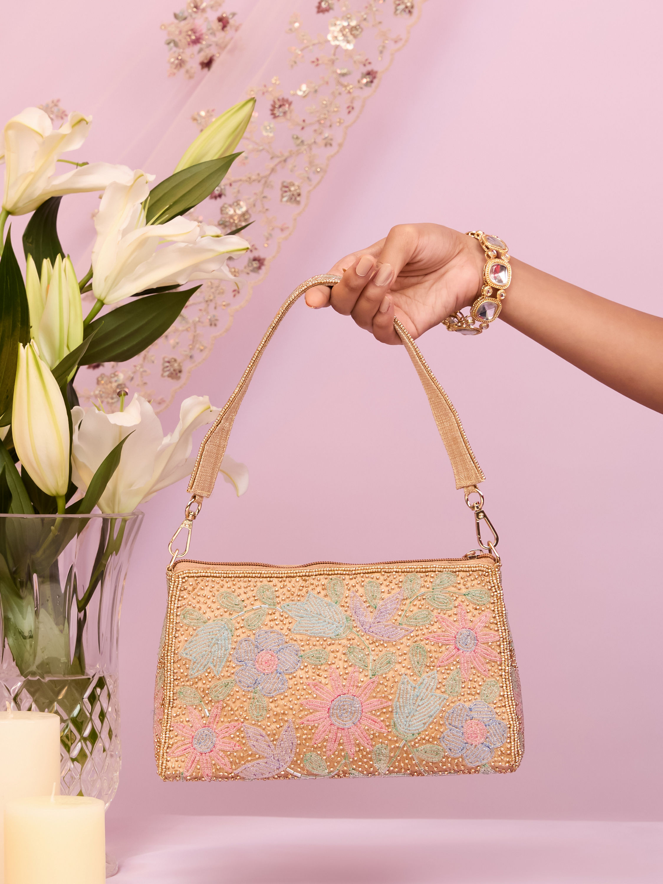 Mohey Women Beige Art Silk Top Handle Bag