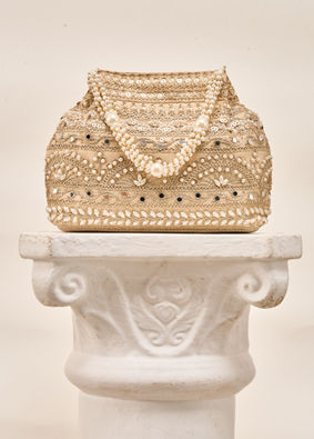 Mohey Women Cream Silk Bag with Mirror and Moti Work