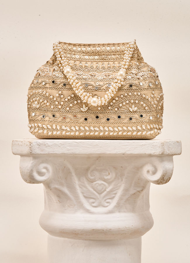 Mohey Women Cream Silk Bag with Mirror and Moti Work
