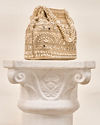 Mohey Women Cream Silk Bag with Mirror and Moti Work