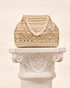 Mohey Women Cream Silk Bag with Mirror and Moti Work