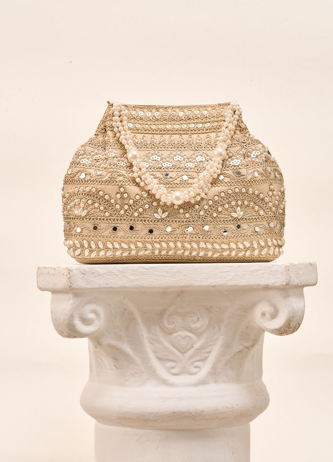 Mohey Women Cream Silk Bag with Mirror and Moti Work