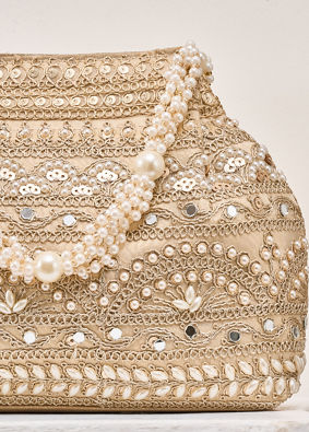 Mohey Women Cream Silk Bag with Mirror and Moti Work