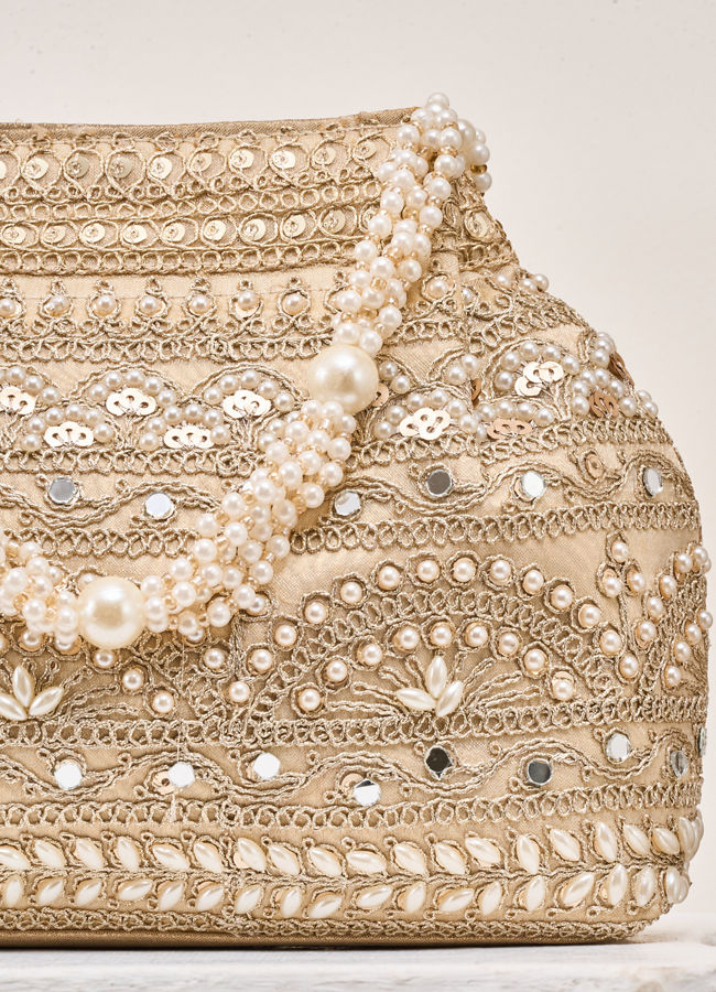Mohey Women Cream Silk Bag with Mirror and Moti Work