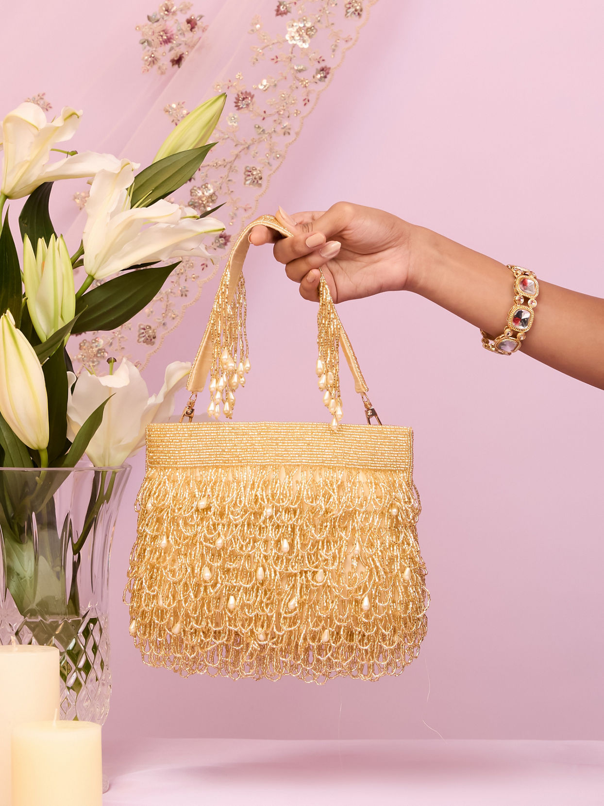 Mohey Women Gold Art Silk Bag