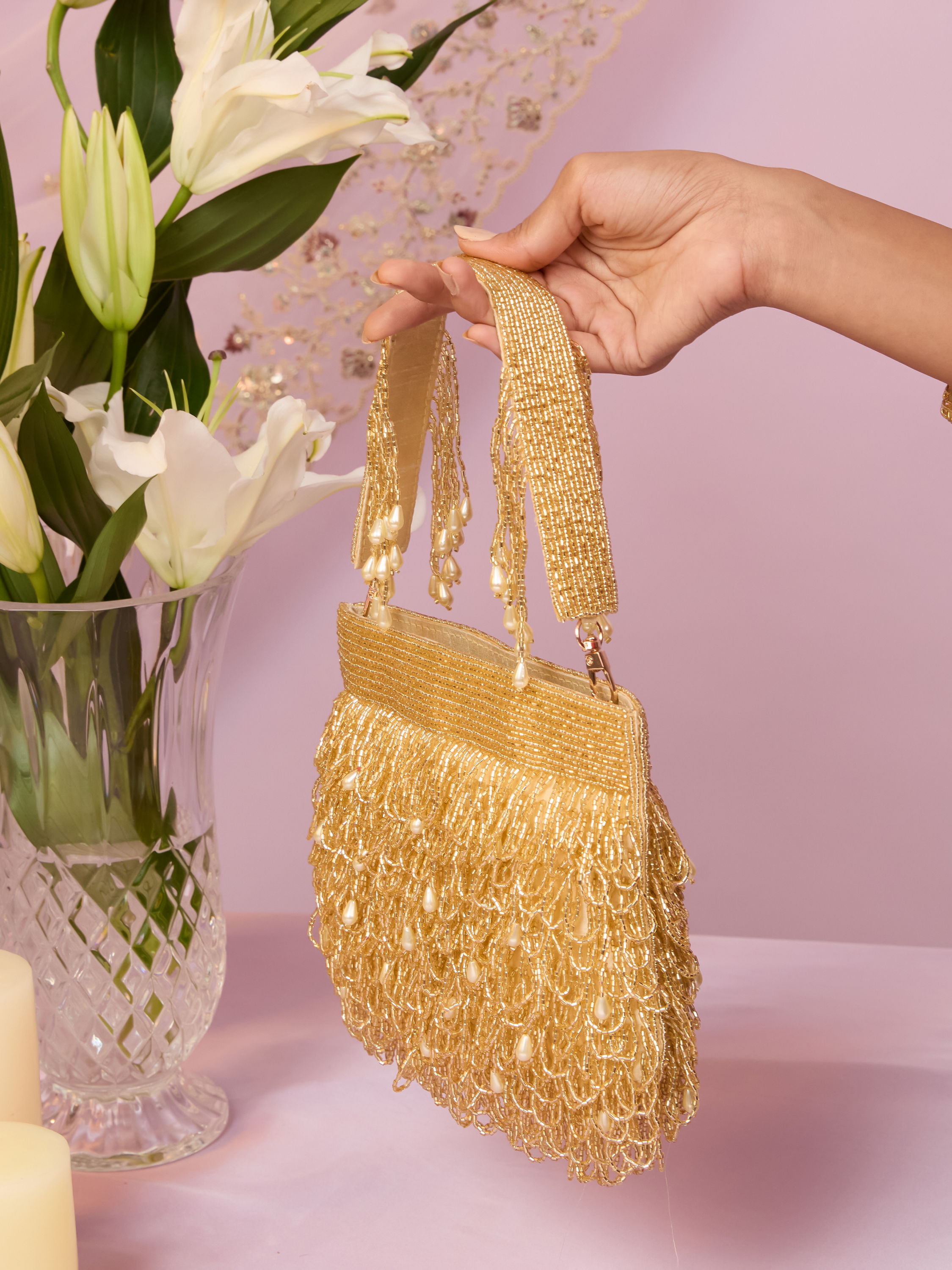 Mohey Women Gold Art Silk Bag