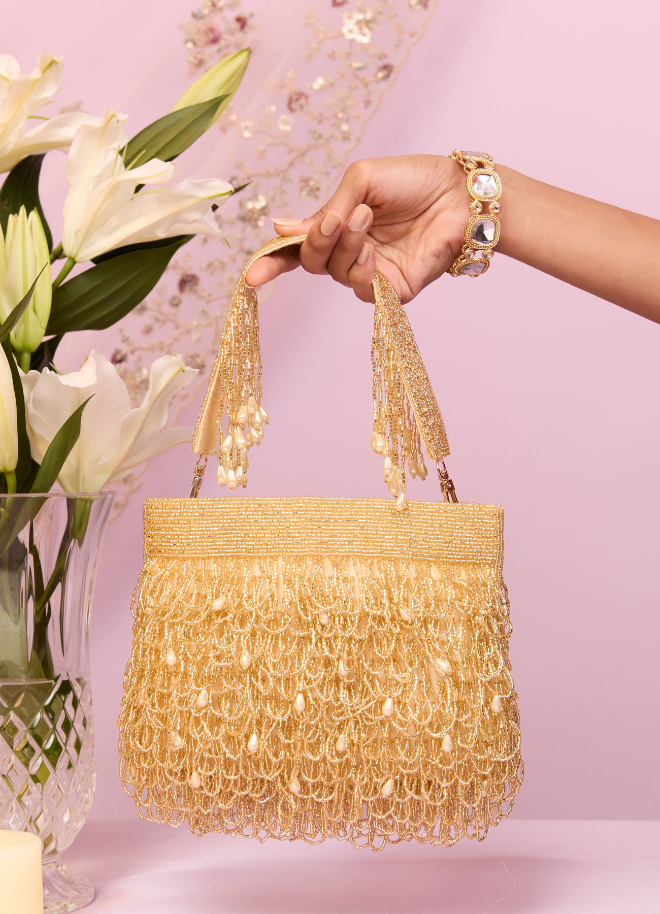 Mohey Women Gold Art Silk Bag