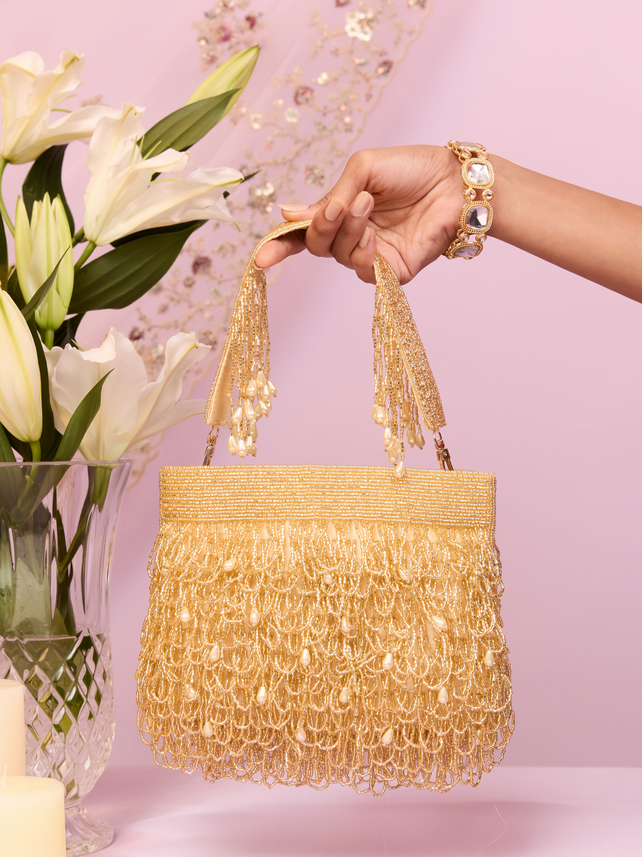 Mohey Women Gold Art Silk Bag