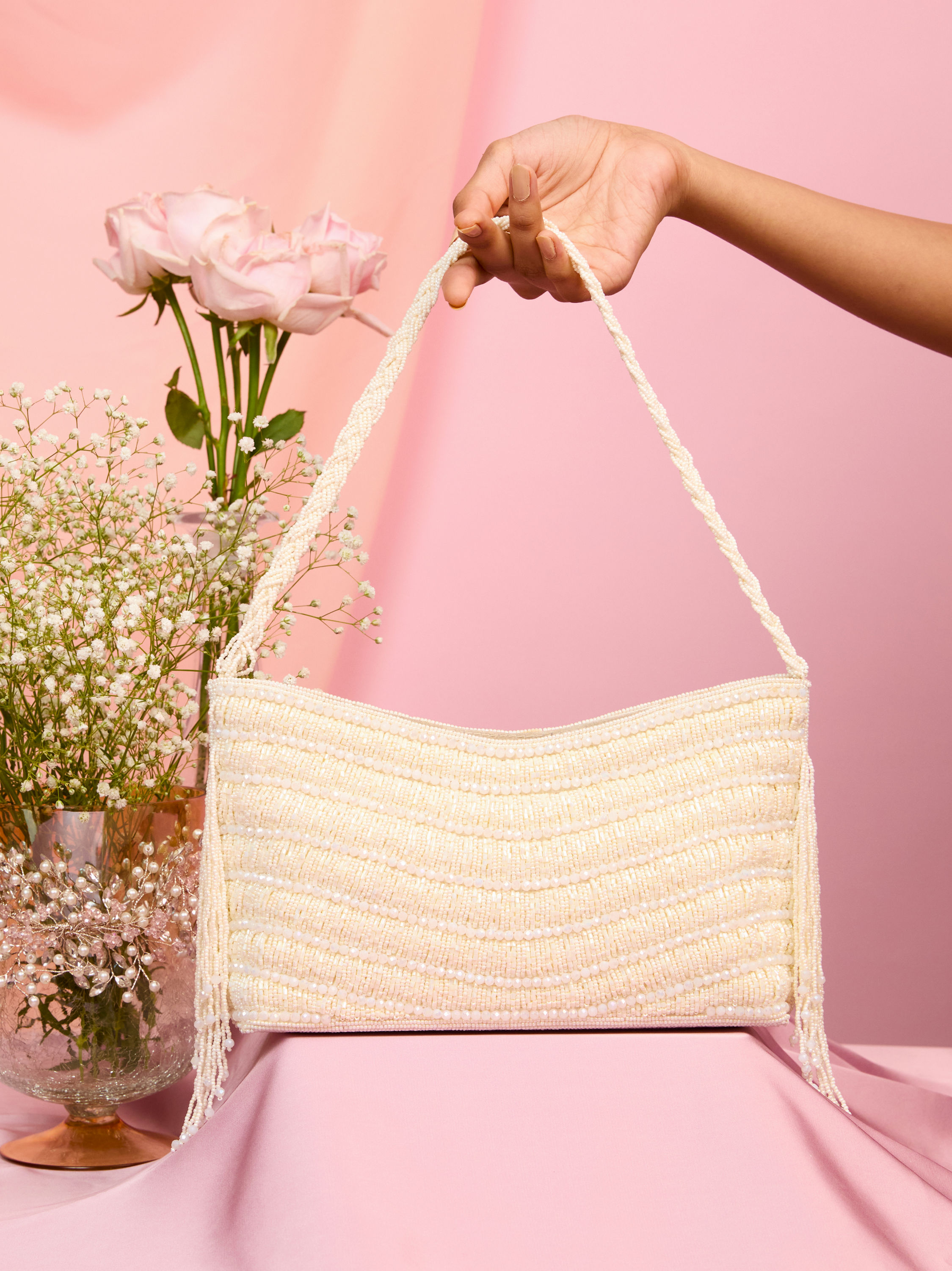 Mohey Women Elegant Cream Art Silk Bag