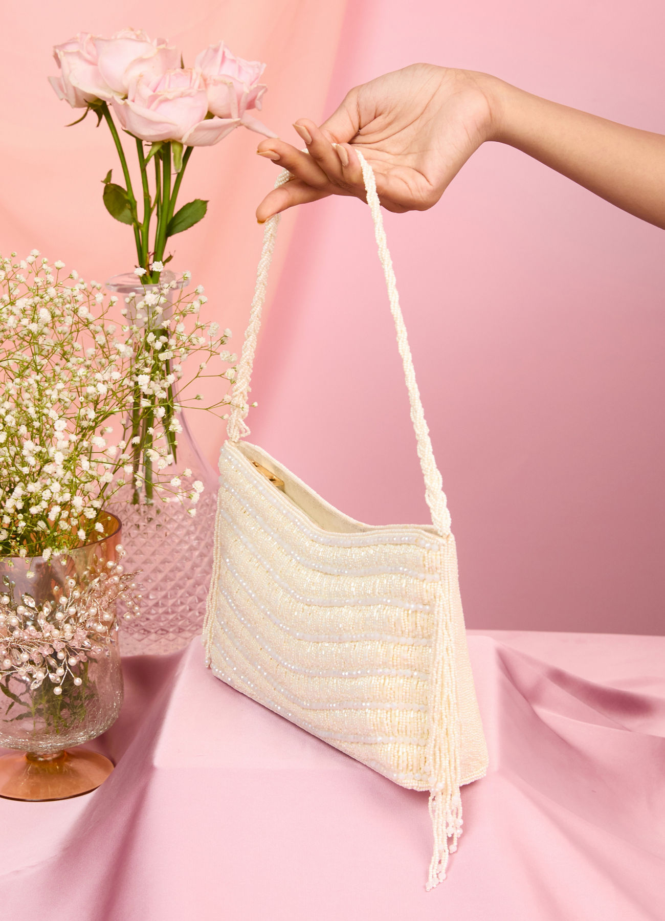 Mohey Women Elegant Cream Art Silk Bag
