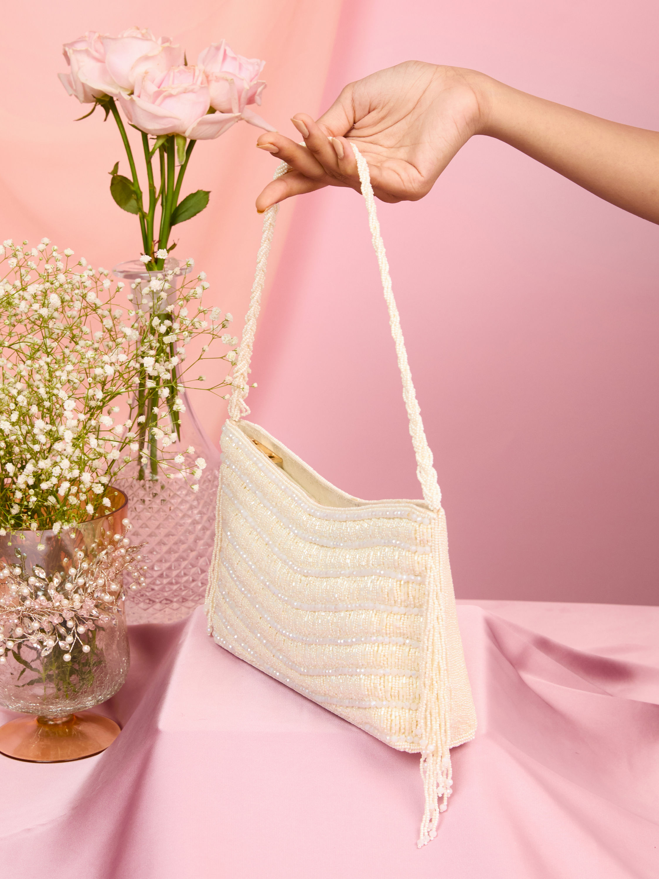 Mohey Women Elegant Cream Art Silk Bag
