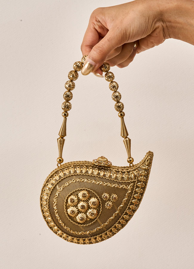 Mohey Women Gold Metal Clutch Bag with Stone Work