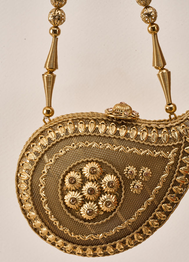 Mohey Women Gold Metal Clutch Bag with Stone Work