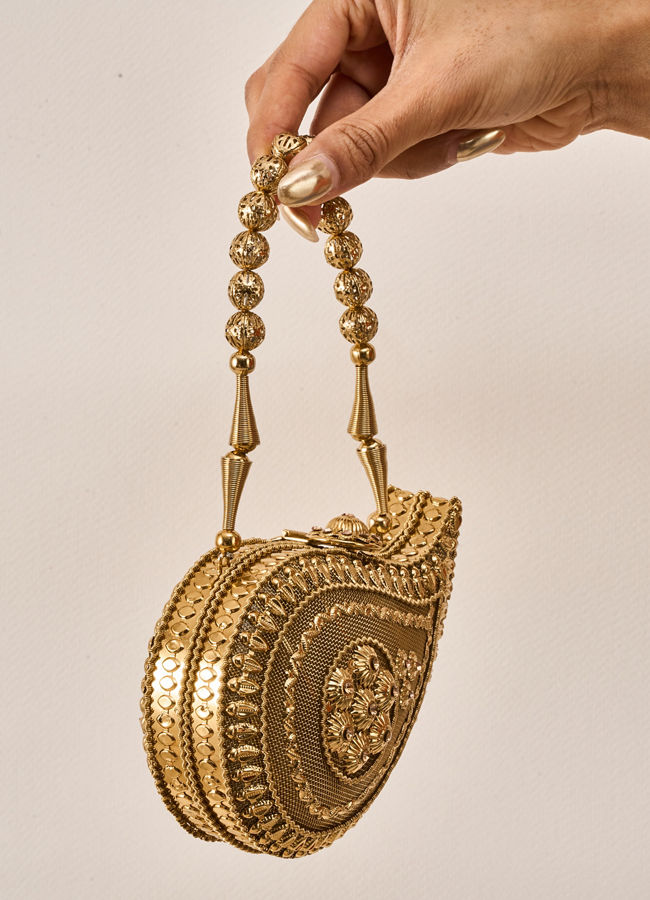 Mohey Women Gold Metal Clutch Bag with Stone Work