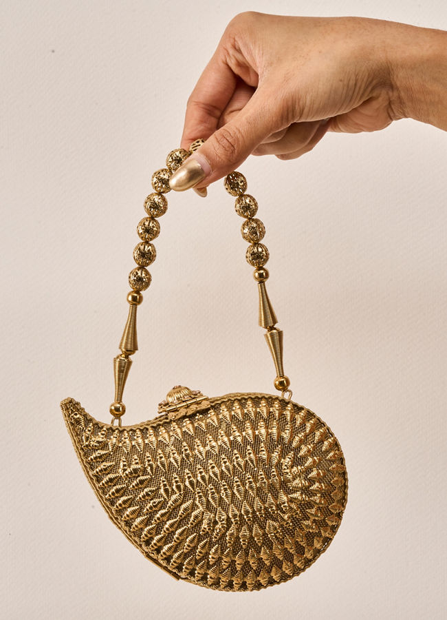 Mohey Women Gold Metal Clutch Bag with Stone Work